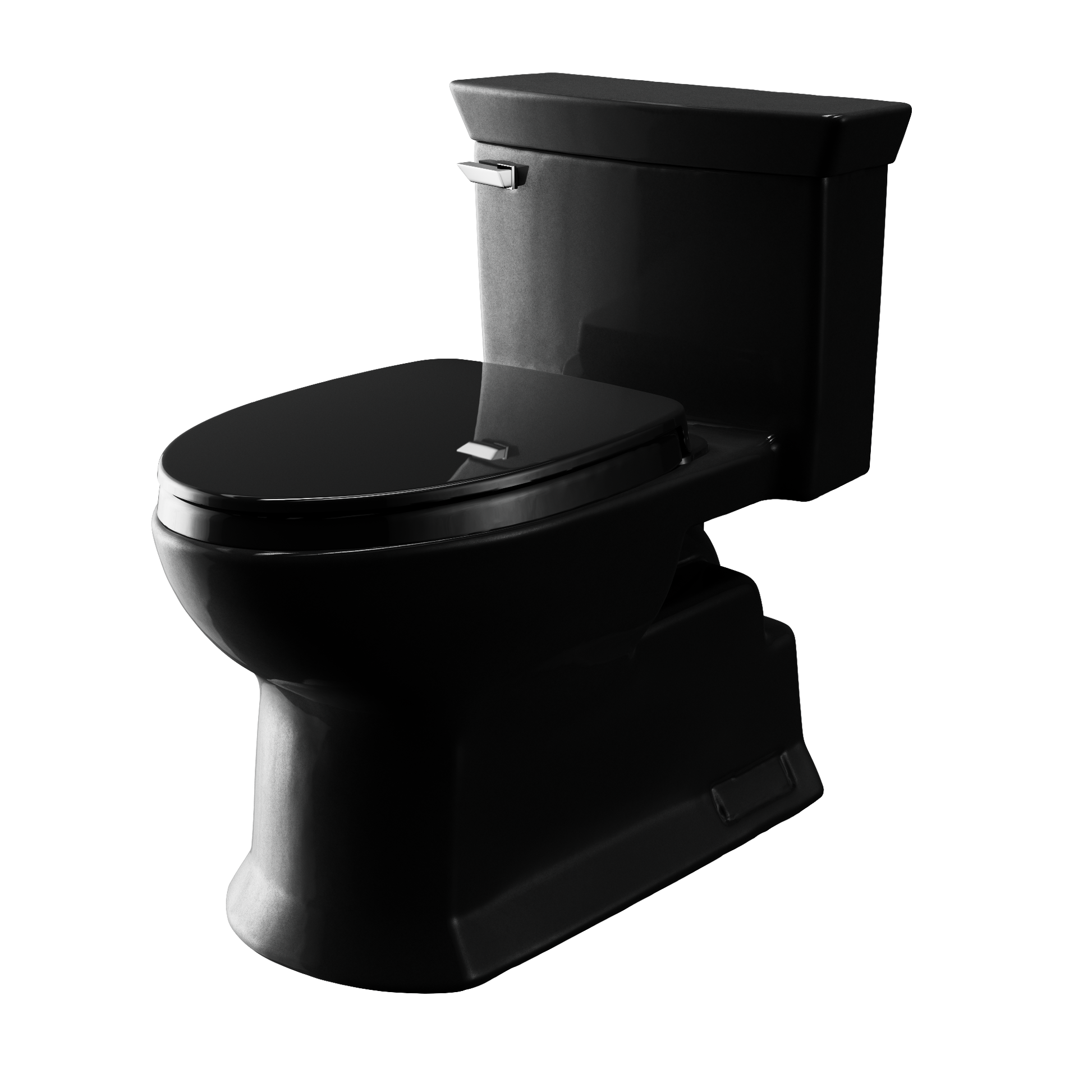 Black one-piece elongated toilet with matching soft-close seat and tank.