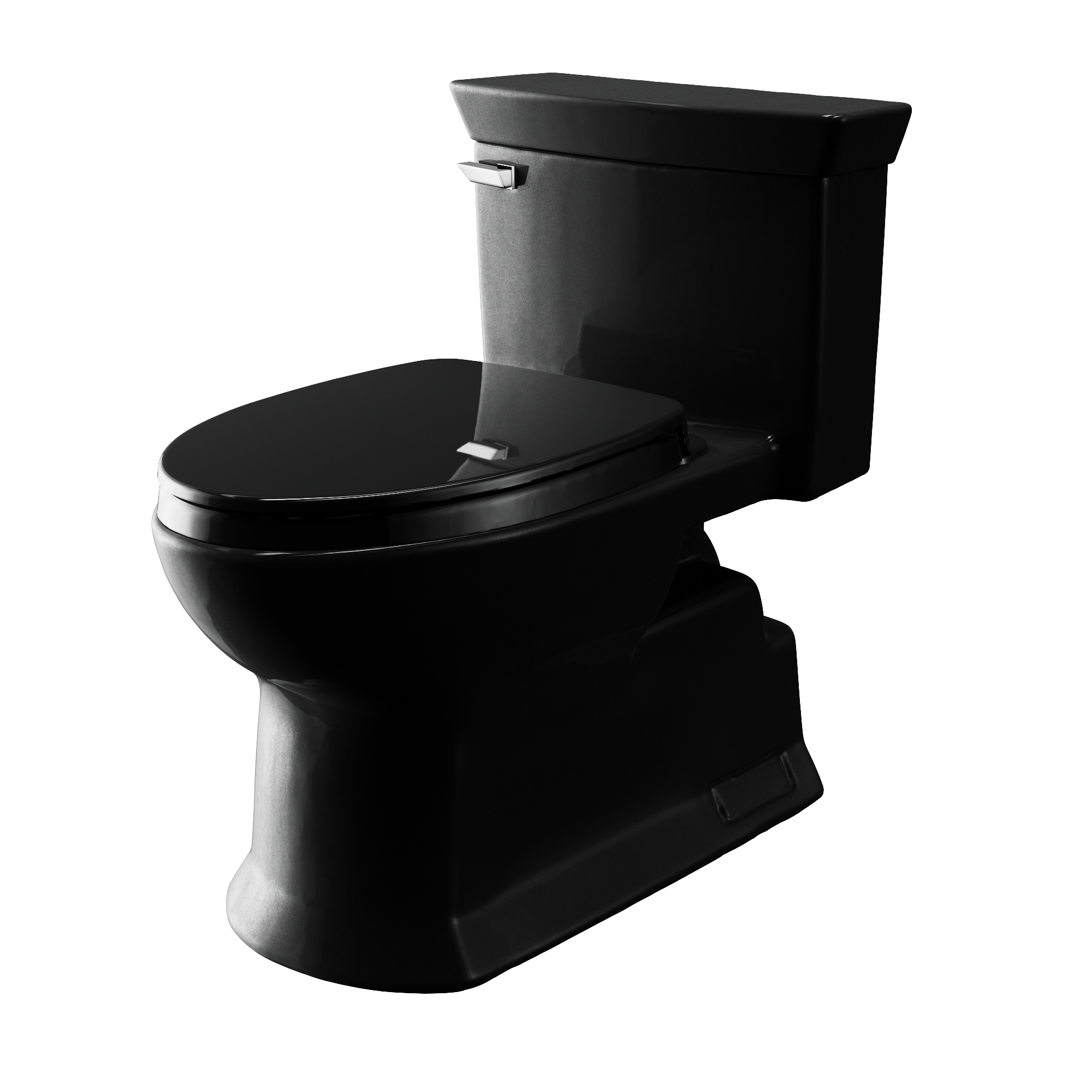 Black one-piece elongated toilet with matching soft-close seat and tank.