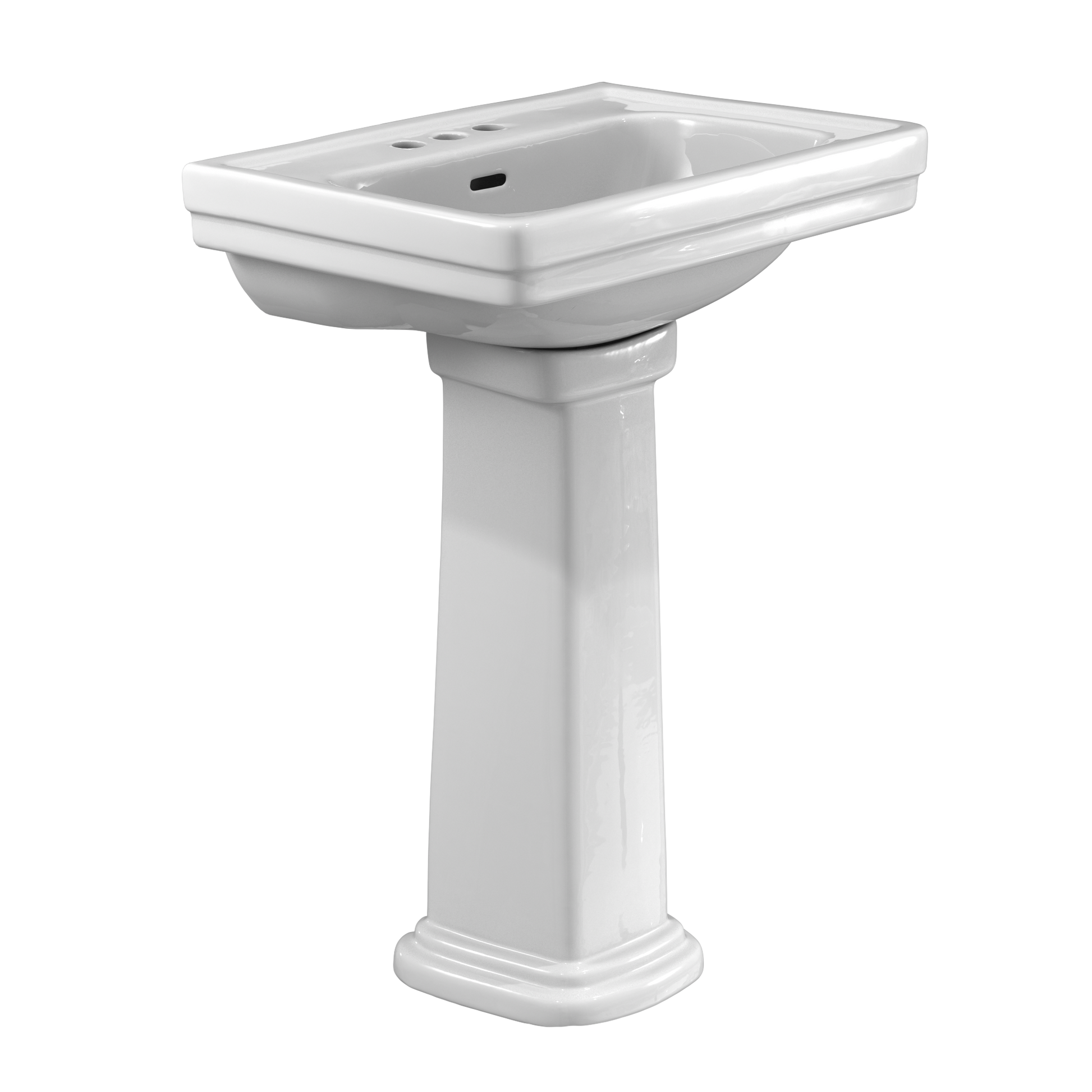 White ceramic pedestal sink with rectangular basin, faucet holes, and tapered column base.