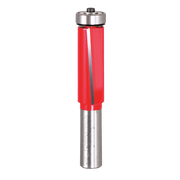Router bit with red plastic body, metal top cap, and steel shaft with helical cutting edges.