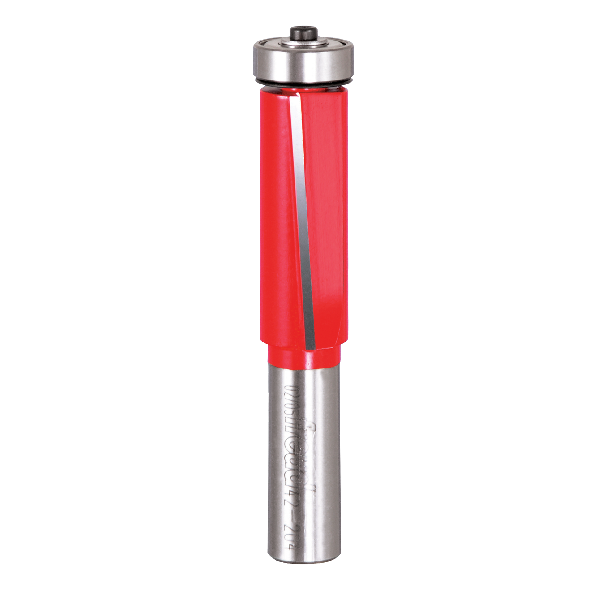 Router bit with red plastic body, metal top cap, and steel shaft with helical cutting edges.