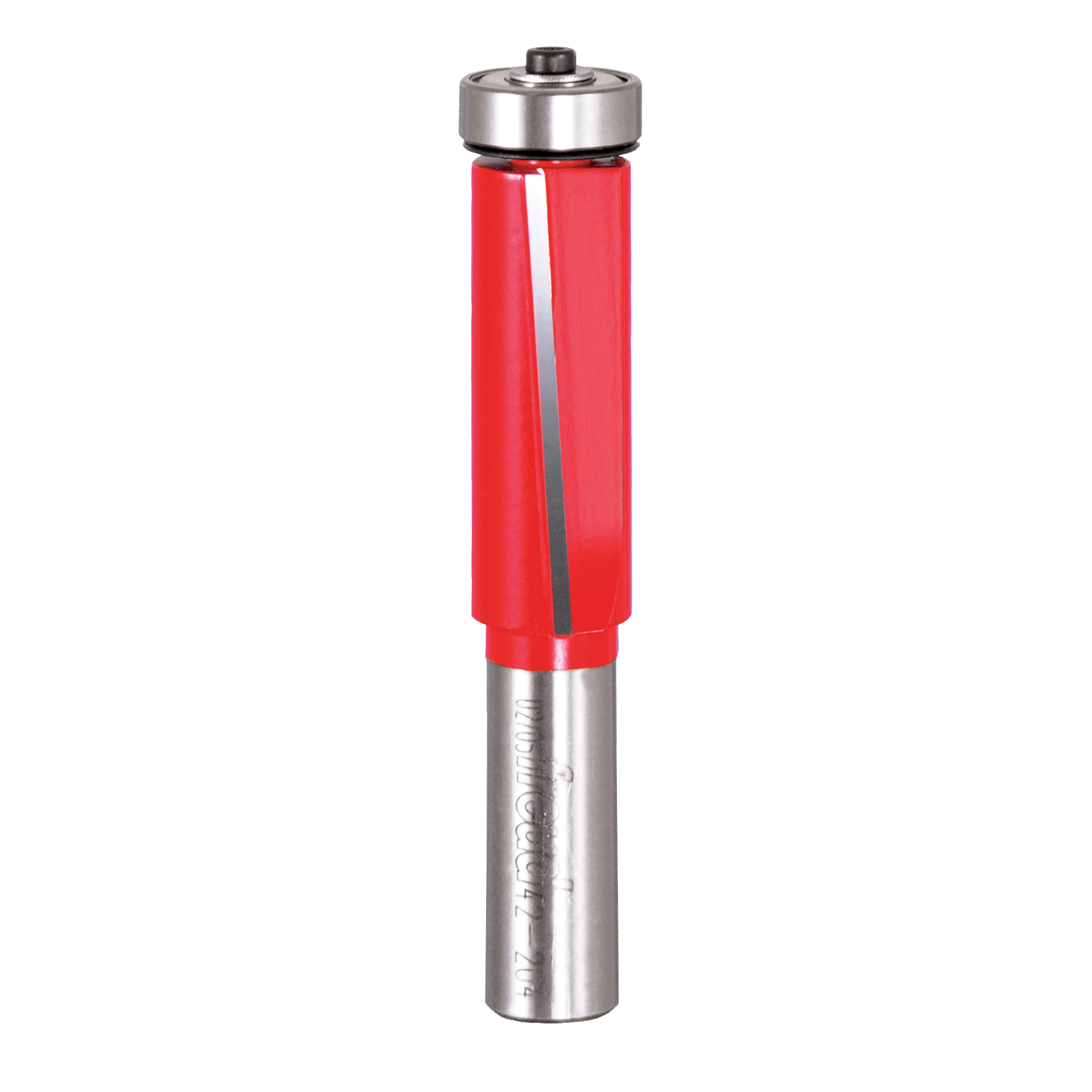 Router bit with red plastic body, metal top cap, and steel shaft with helical cutting edges.