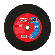 Black abrasive cut-off disc with red Diablo Steel Demon label, 12 inch diameter with 1 inch arbor hole.