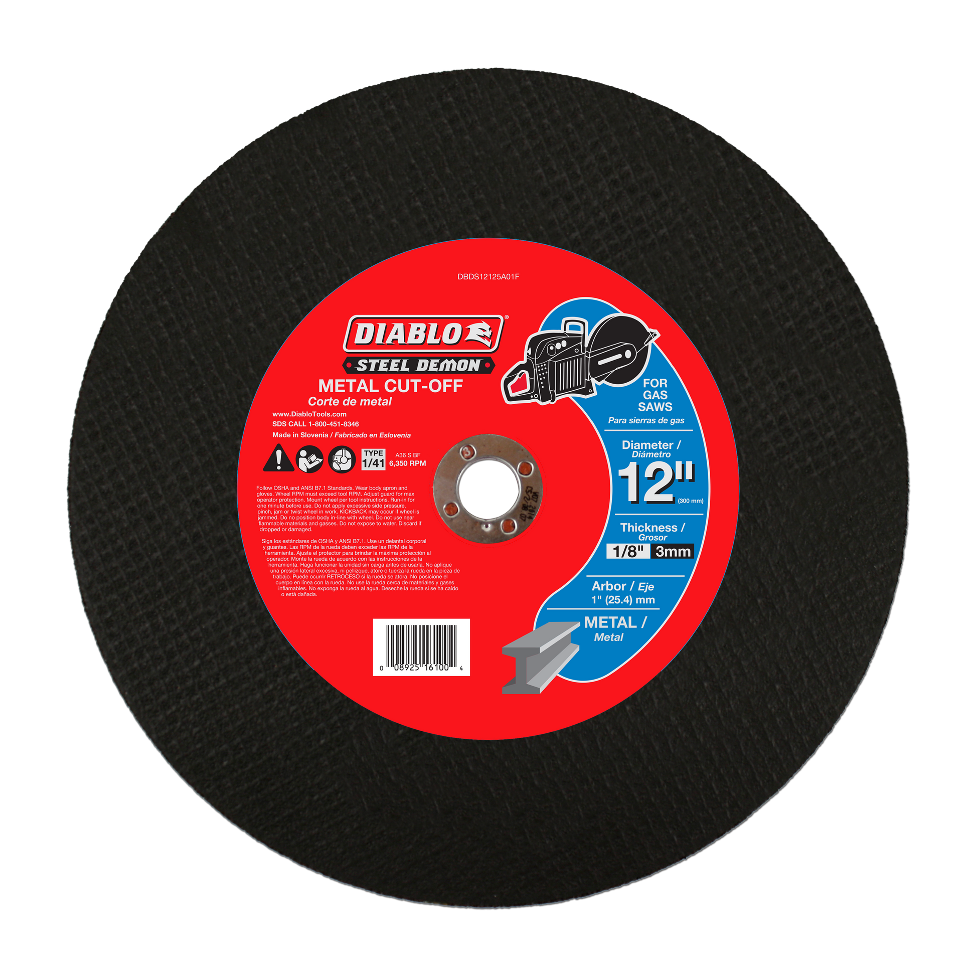 Black abrasive cut-off disc with red Diablo Steel Demon label, 12 inch diameter with 1 inch arbor hole.