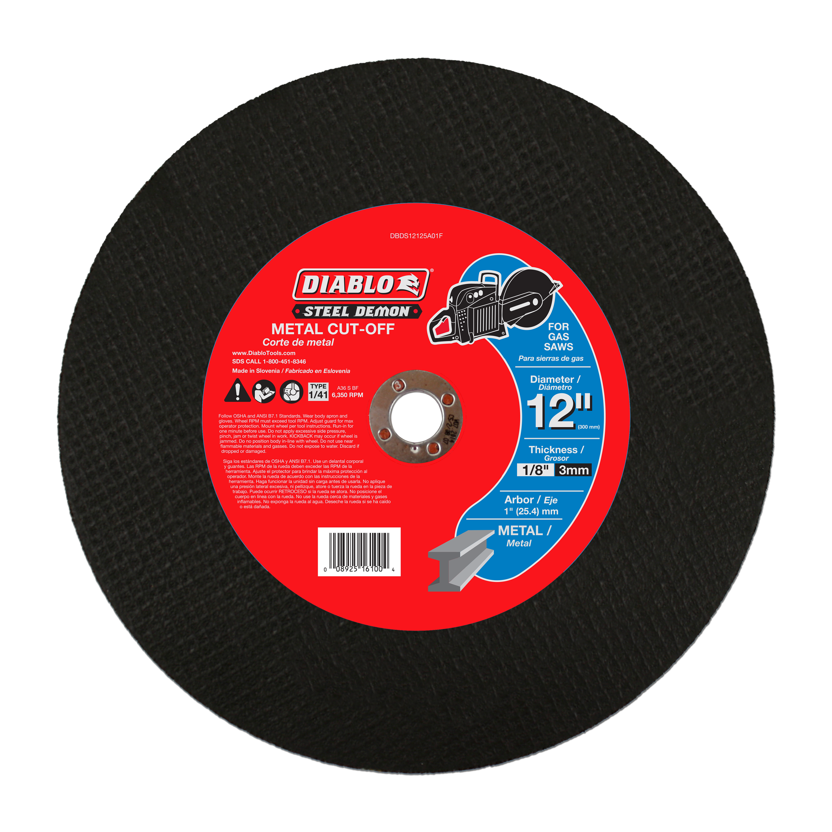Black abrasive cut-off disc with red Diablo Steel Demon label, 12 inch diameter with 1 inch arbor hole.