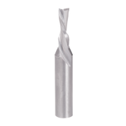 Silver metal down spiral router bit with twisted flutes and cylindrical shank on white background.