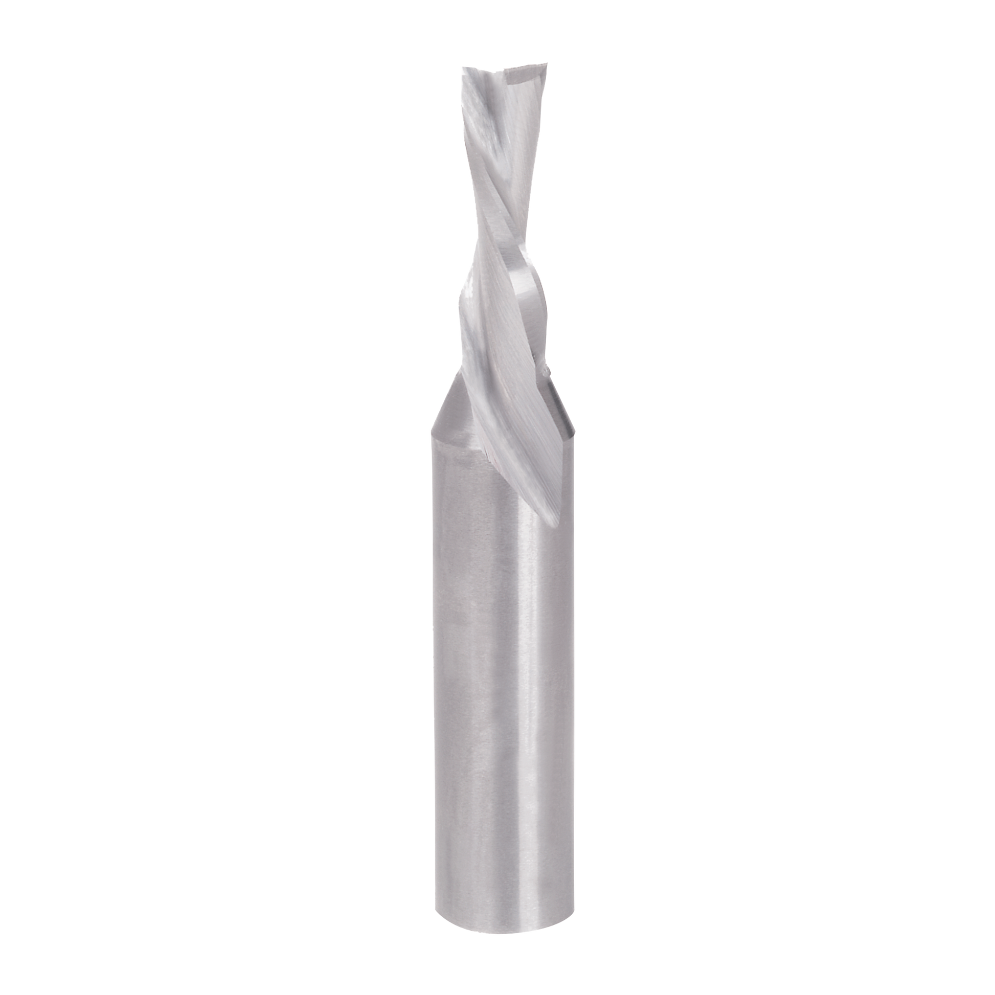 Silver metal down spiral router bit with twisted flutes and cylindrical shank on white background.