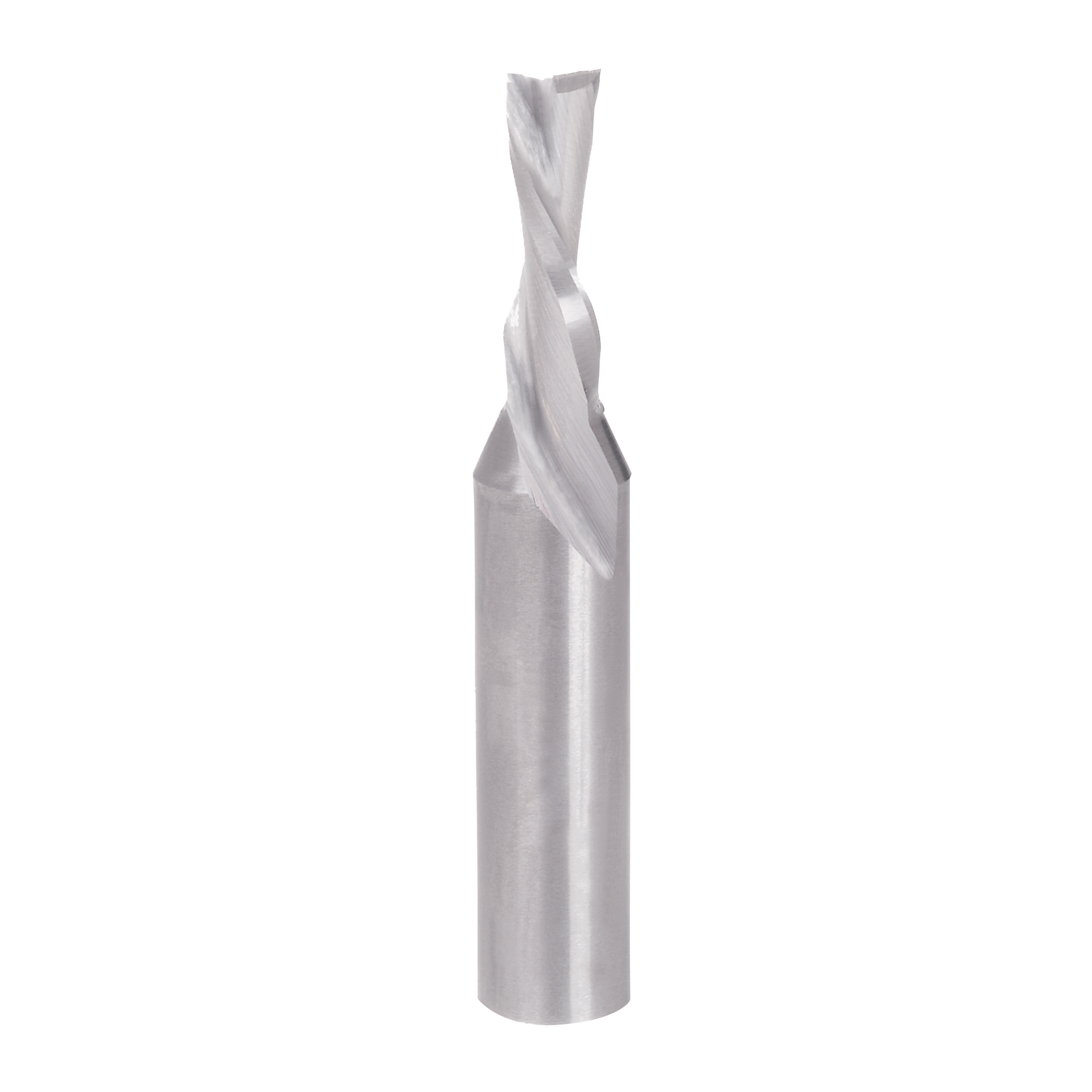 Silver metal down spiral router bit with twisted flutes and cylindrical shank on white background.
