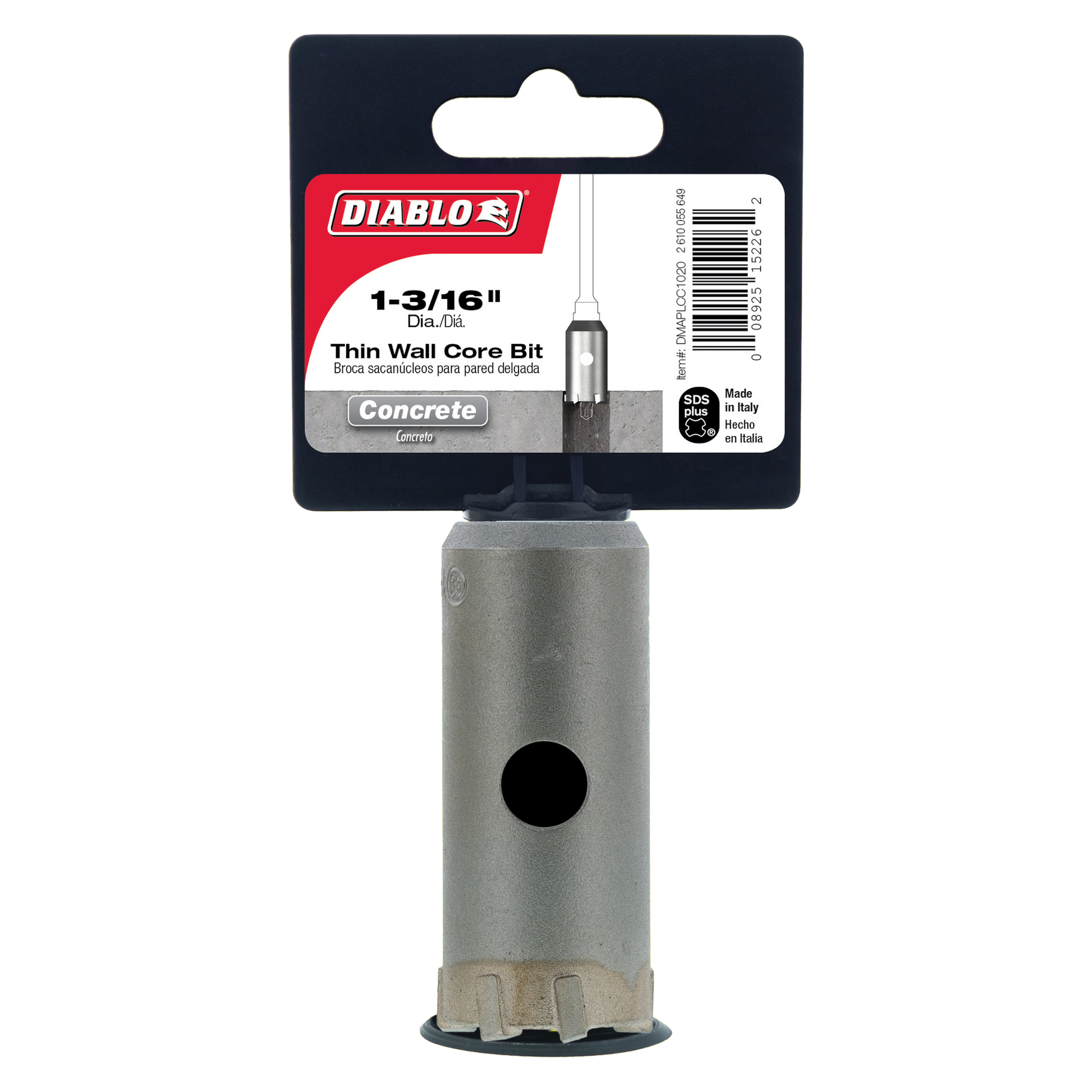 Diablo 1-3/16 inch SDS-Plus thin wall carbide core bit with gray cylindrical body and toothed base on packaging card.