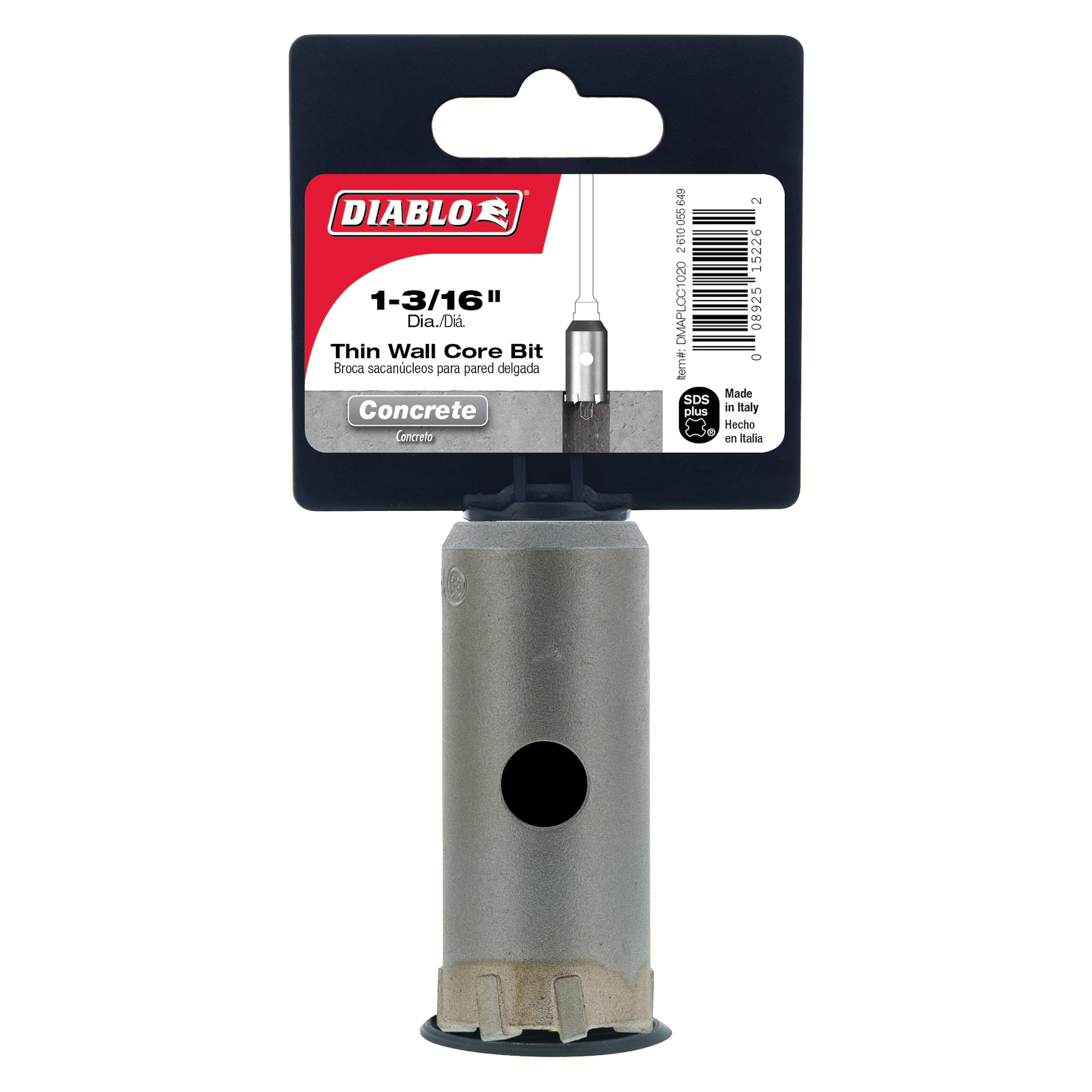 Diablo 1-3/16 inch SDS-Plus thin wall carbide core bit with gray cylindrical body and toothed base on packaging card.