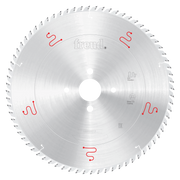 Freud 450mm circular saw blade with carbide teeth, central mounting hole, and red markings on polished steel surface.