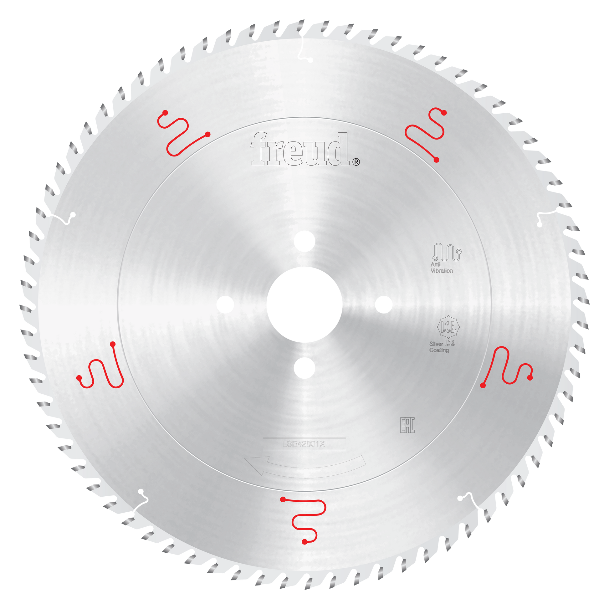 Freud 450mm circular saw blade with carbide teeth, central mounting hole, and red markings on polished steel surface.
