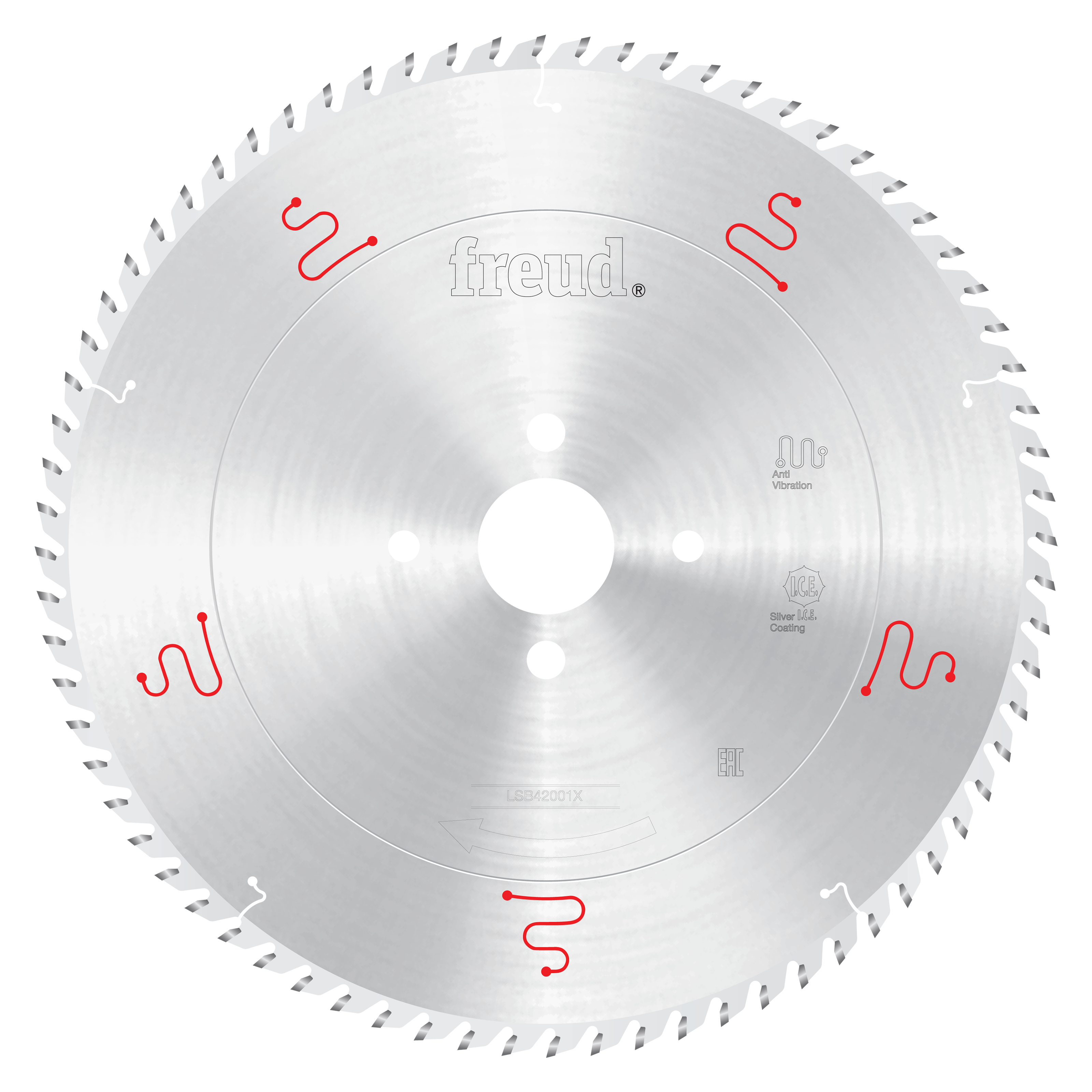 Freud 450mm circular saw blade with carbide teeth, central mounting hole, and red markings on polished steel surface.