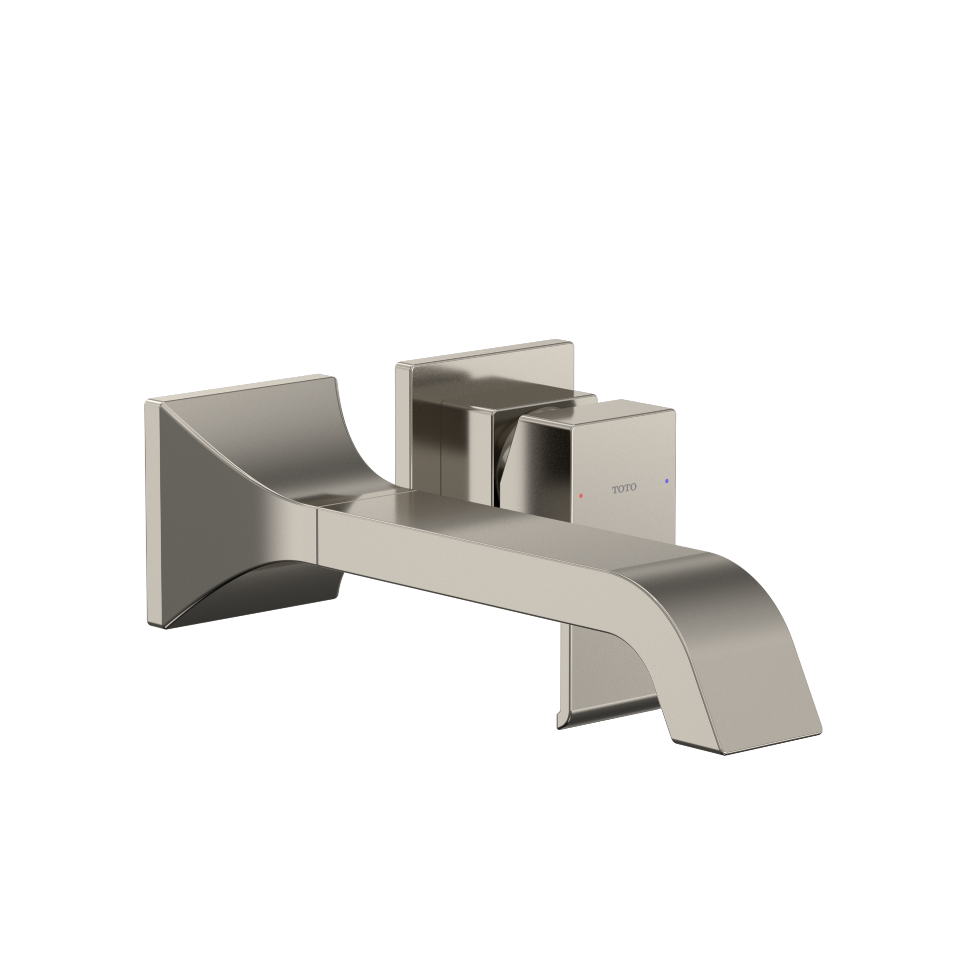 Polished nickel wall-mount bathroom faucet with single handle and curved spout.