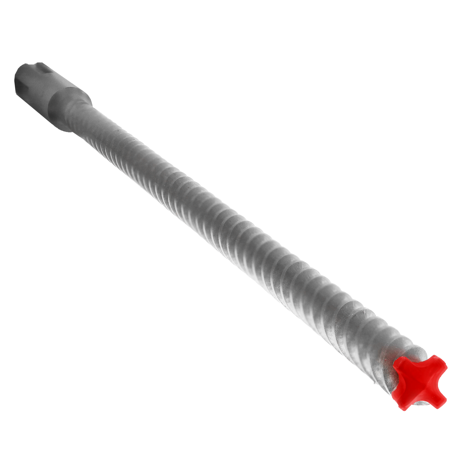 SDS-Max hammer drill bit with 4-cutter carbide head and grooved shaft in gray and red.