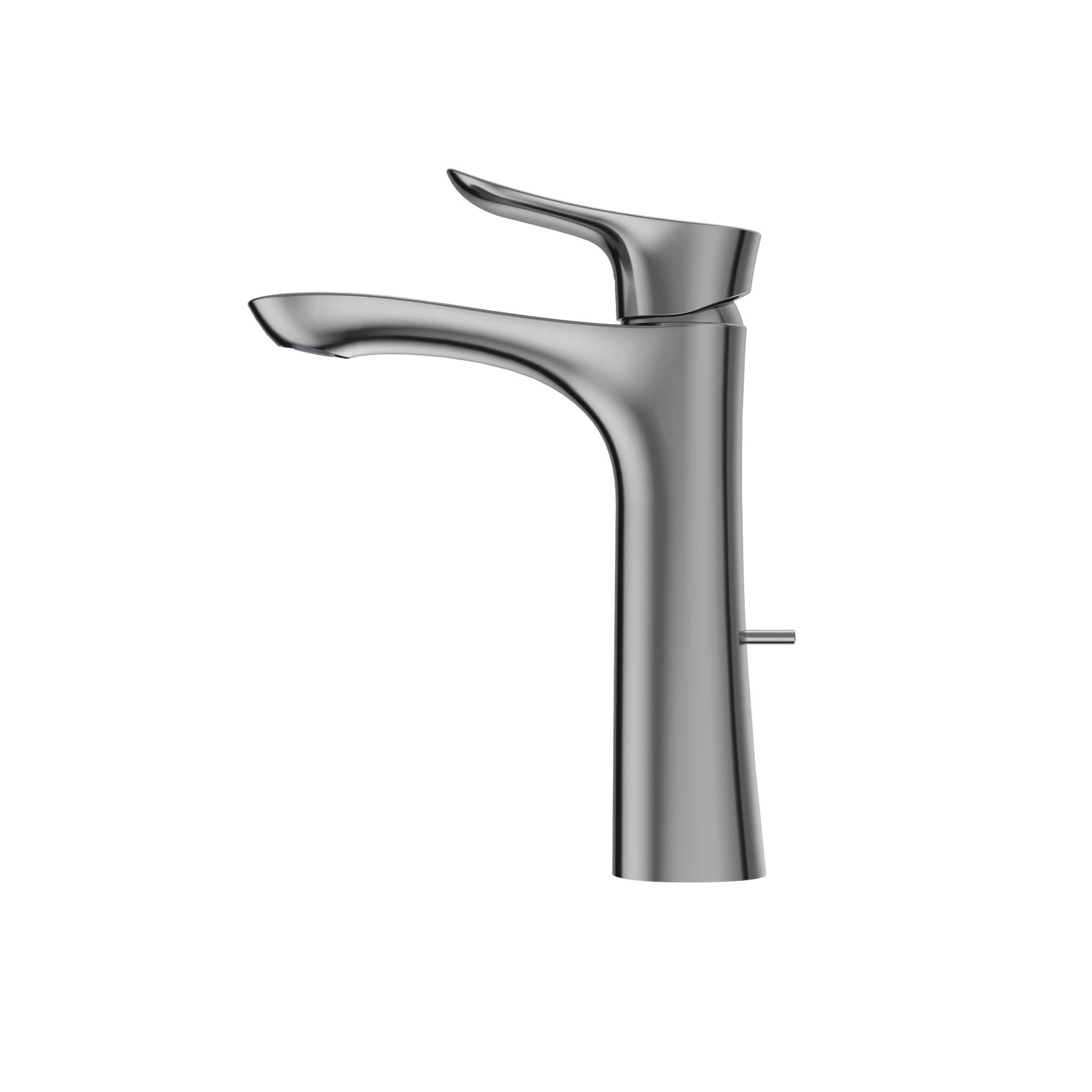 Polished chrome single-handle bathroom sink faucet with curved spout and lever control.