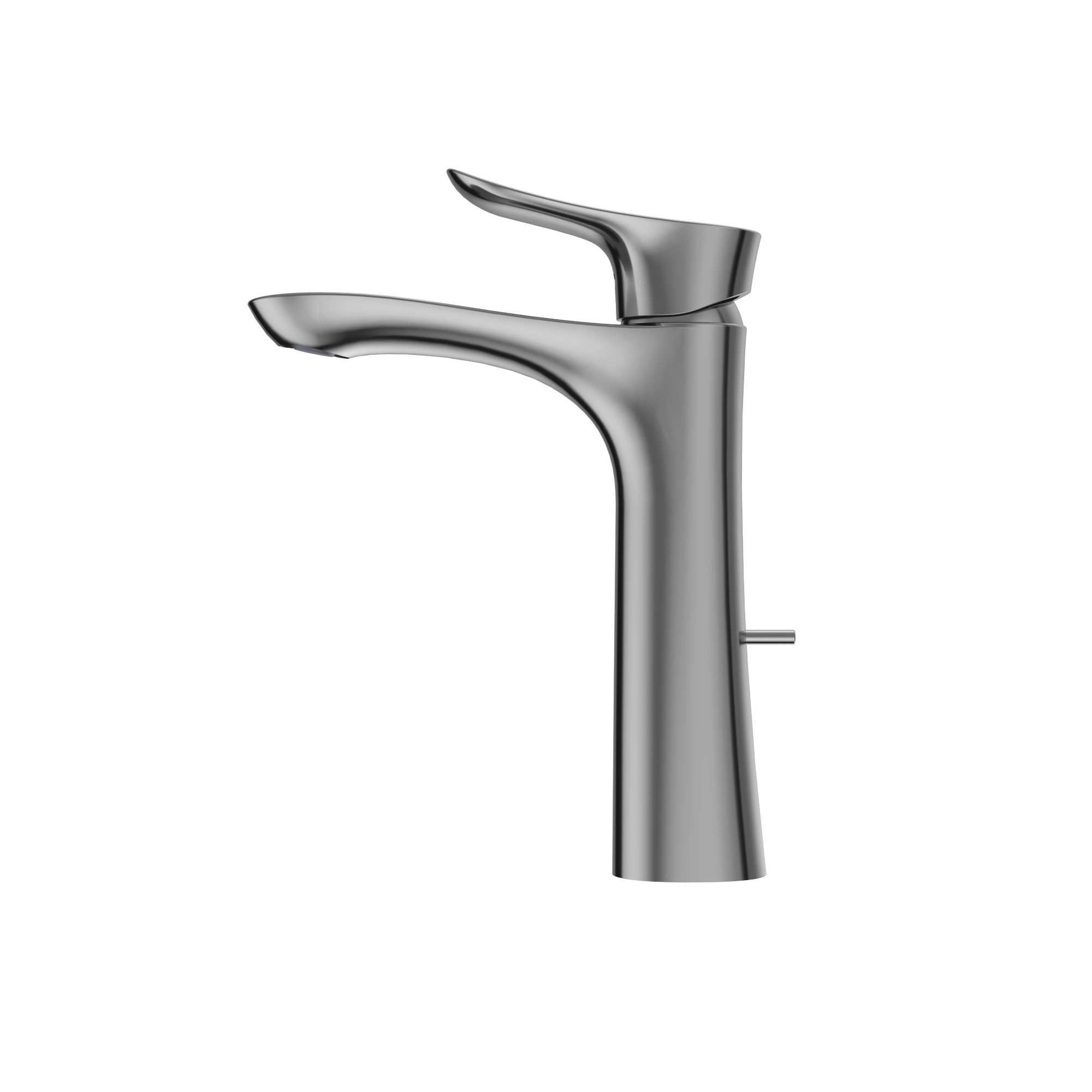 Polished chrome single-handle bathroom sink faucet with curved spout and lever control.