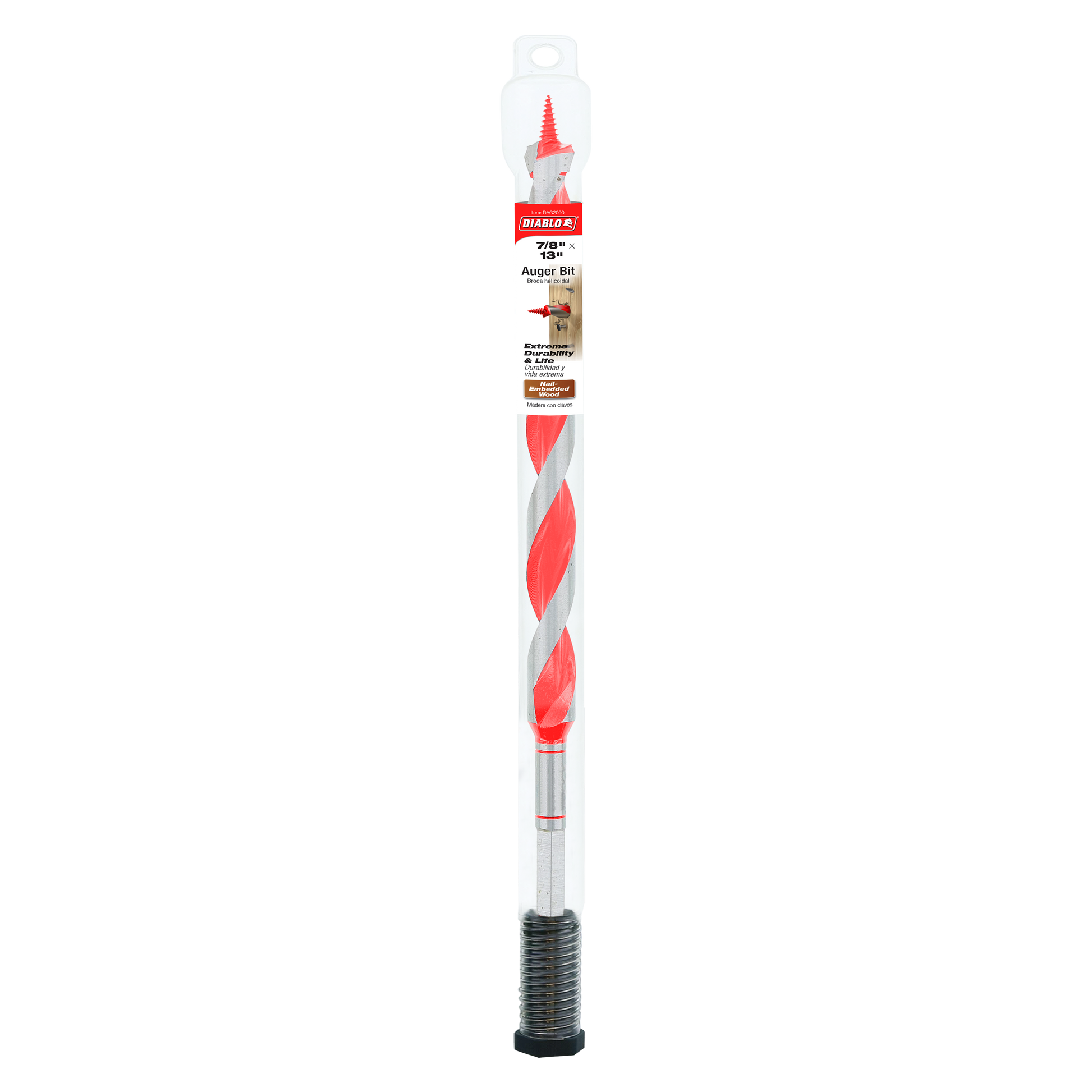 Red and gray twisted auger bit with threaded black base, shown in clear plastic packaging with Diablo branding.