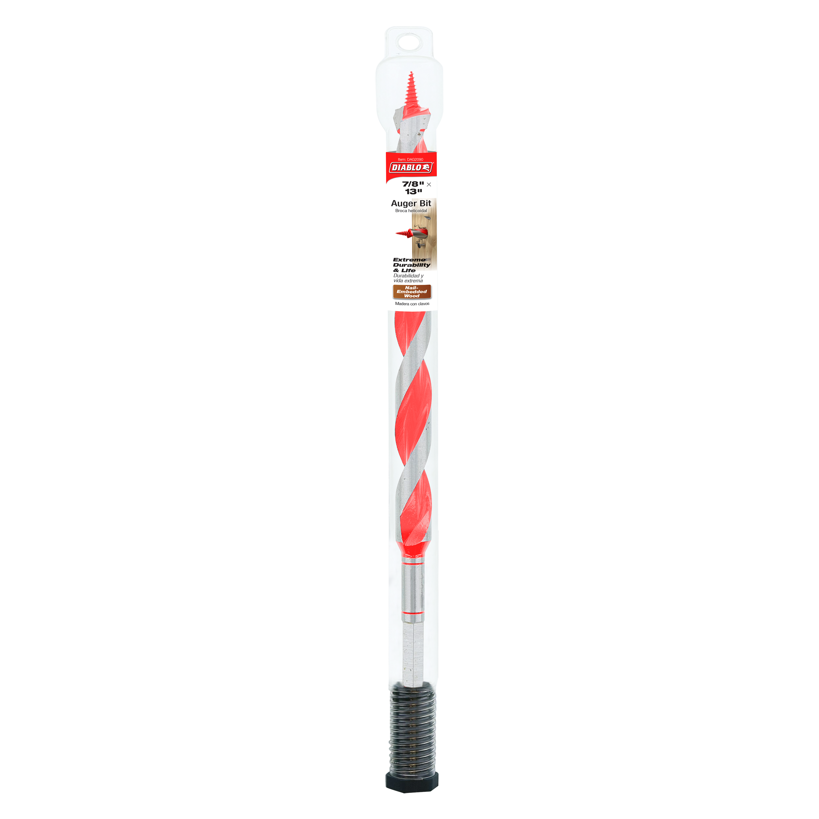 Red and gray twisted auger bit with threaded black base, shown in clear plastic packaging with Diablo branding.