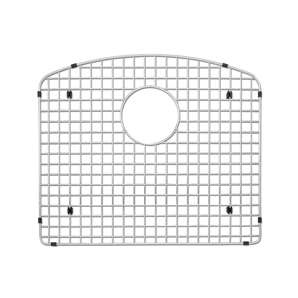 Stainless steel sink grid with square mesh pattern, circular drain opening, and black rubber feet at corners.