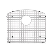 Stainless steel sink grid with square mesh pattern, circular drain opening, and black rubber feet at corners.