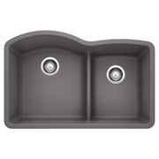 Cinder-colored undermount kitchen sink with two bowls of unequal size separated by low divider, chrome drain fixtures.