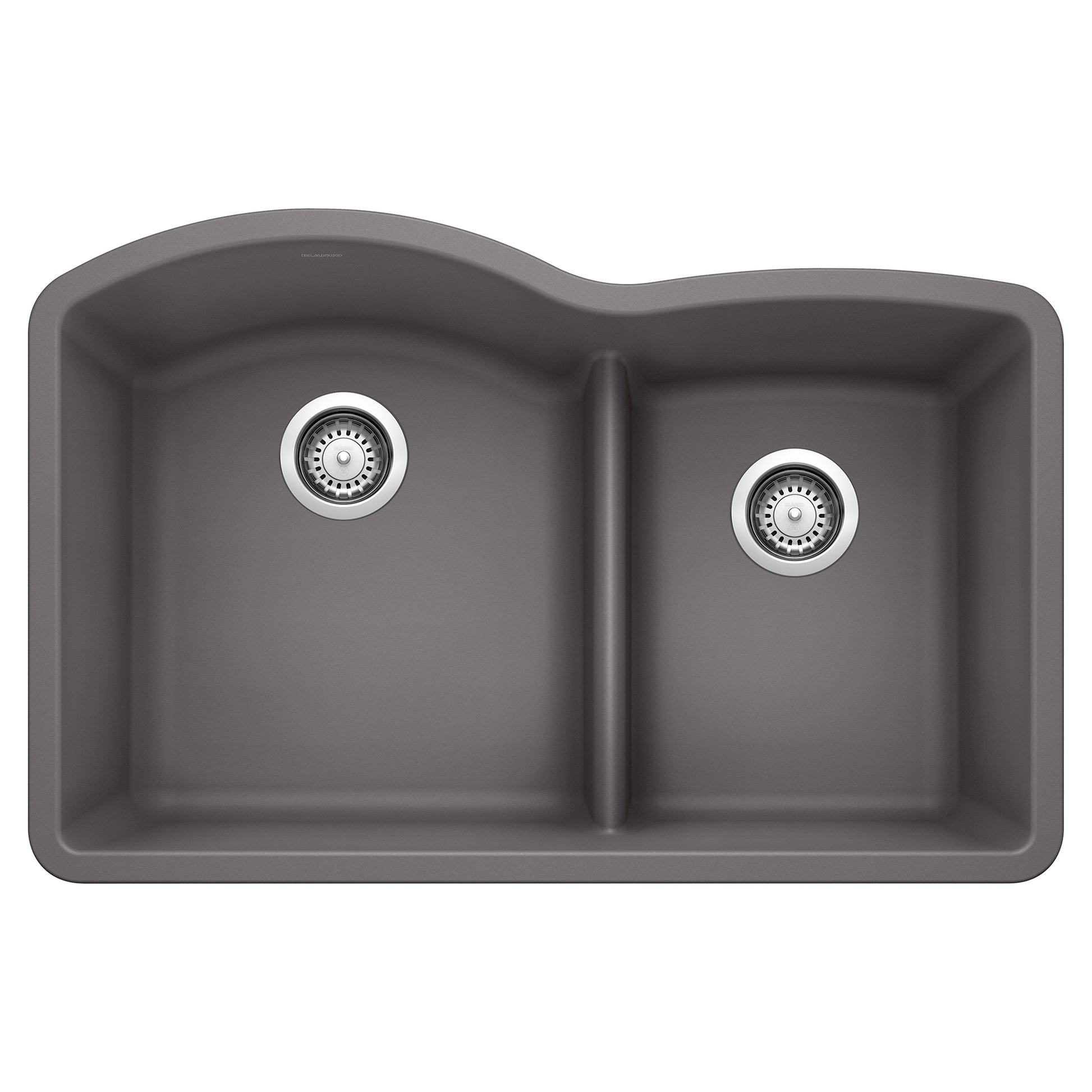 Cinder-colored undermount kitchen sink with two bowls of unequal size separated by low divider, chrome drain fixtures.