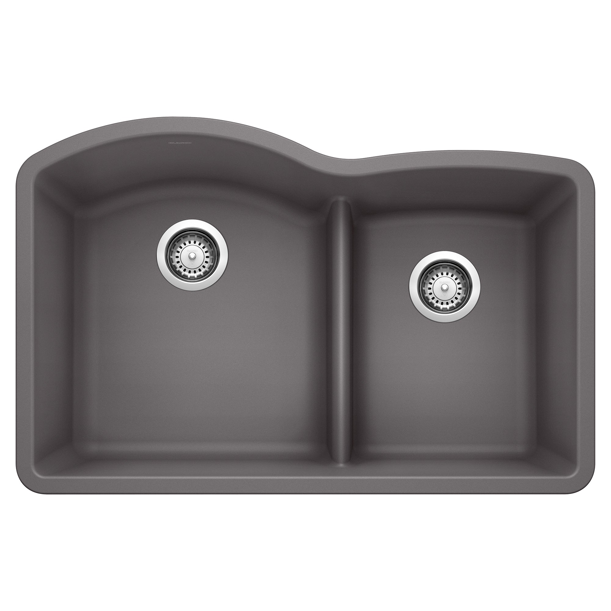 Cinder-colored undermount kitchen sink with two bowls of unequal size separated by low divider, chrome drain fixtures.