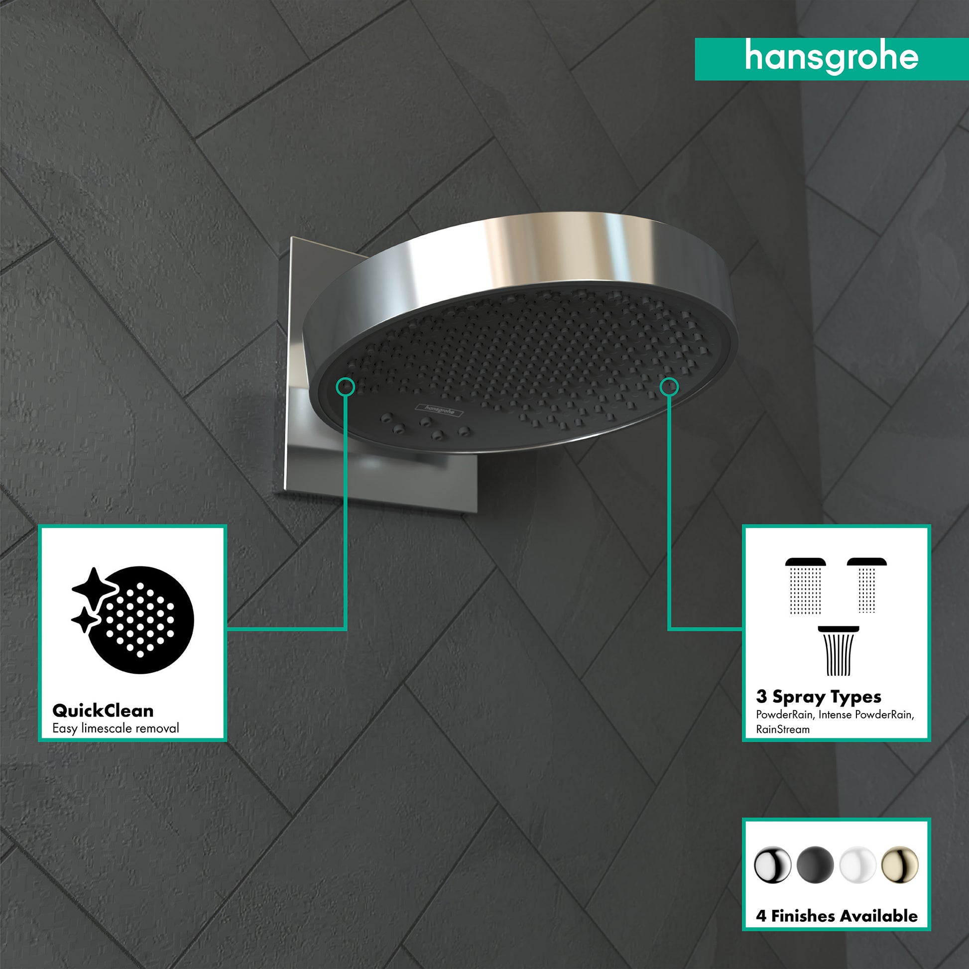 Chrome round rainfall shower head with wall connector trim mounted on tile wall, showing QuickClean nozzles and 3 spray type 