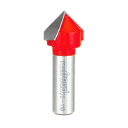 Red and silver 90-degree V-grooving router bit with pointed cutting head and cylindrical shank.