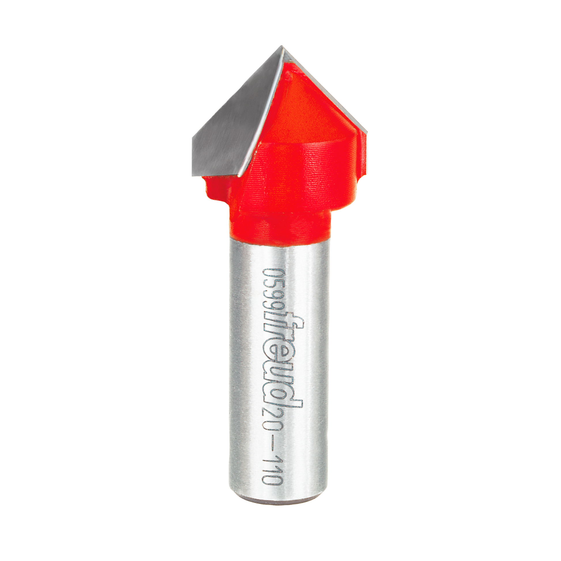 Red and silver 90-degree V-grooving router bit with pointed cutting head and cylindrical shank.