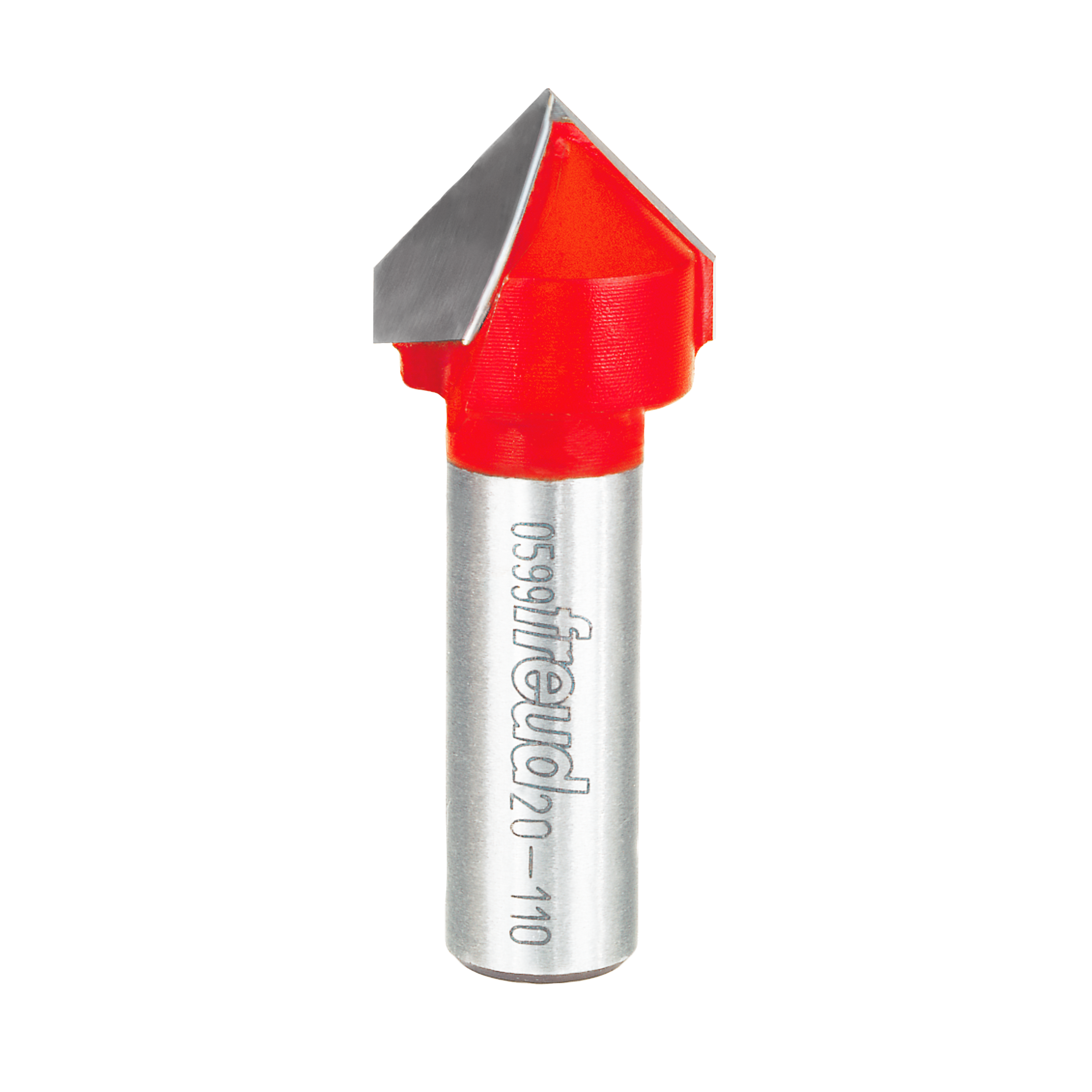 Red and silver 90-degree V-grooving router bit with pointed cutting head and cylindrical shank.