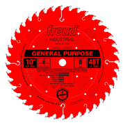 Red circular saw blade with 40 teeth, silver-tipped teeth around edge, center arbor hole, and black label reading "General Pu