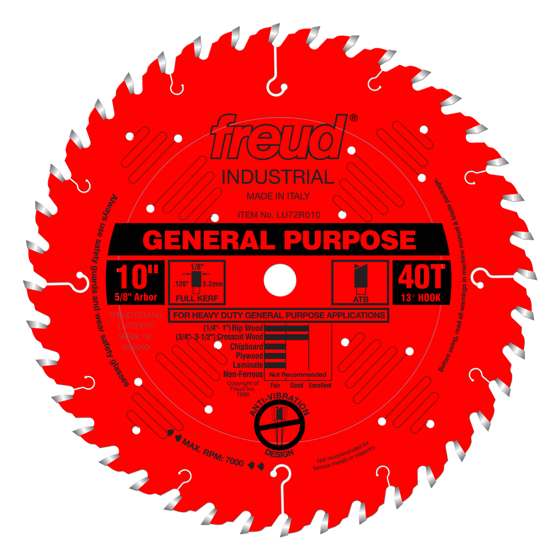 Red circular saw blade with 40 teeth, silver-tipped teeth around edge, center arbor hole, and black label reading "General Pu