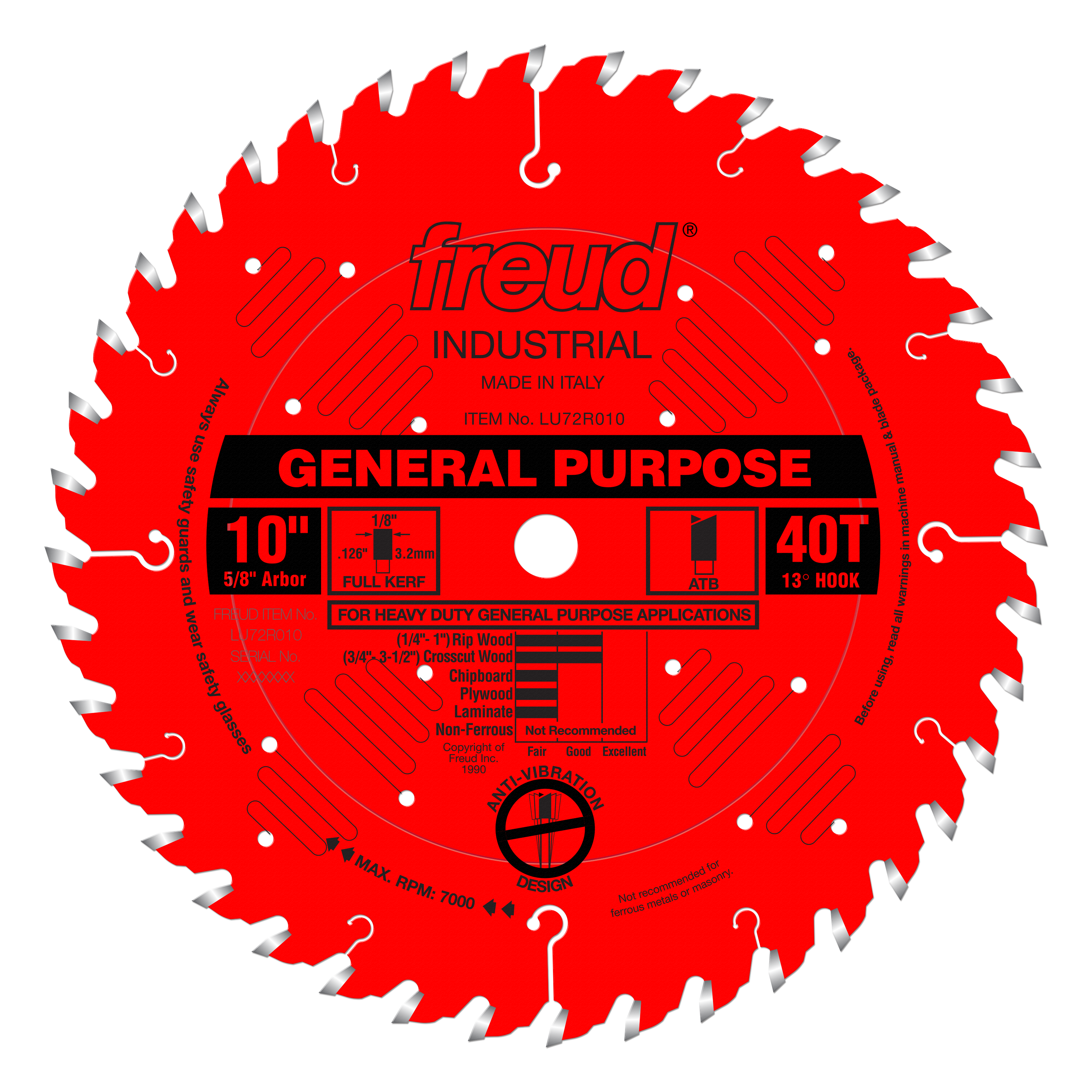 Red circular saw blade with 40 teeth, silver-tipped teeth around edge, center arbor hole, and black label reading "General Pu