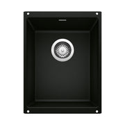 Coal black rectangular bar sink with single basin and chrome drain strainer, viewed from above.