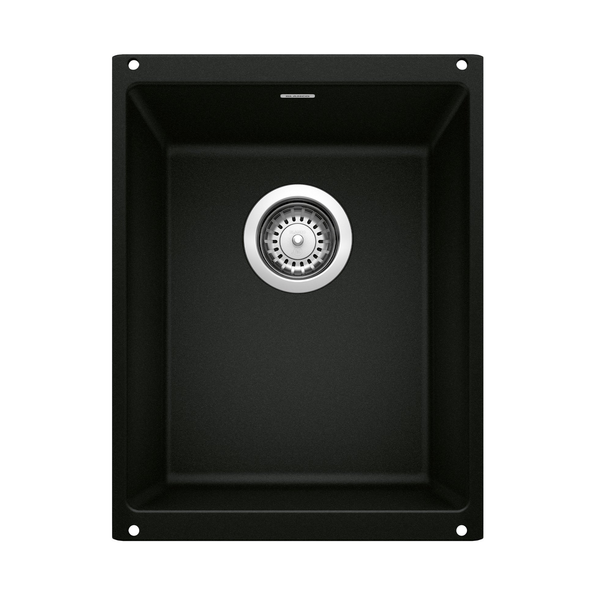 Coal black rectangular bar sink with single basin and chrome drain strainer, viewed from above.
