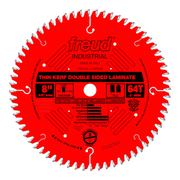 Freud 8-inch circular saw blade with 64 teeth, thin kerf design, silver-tipped teeth on red body with black center label.