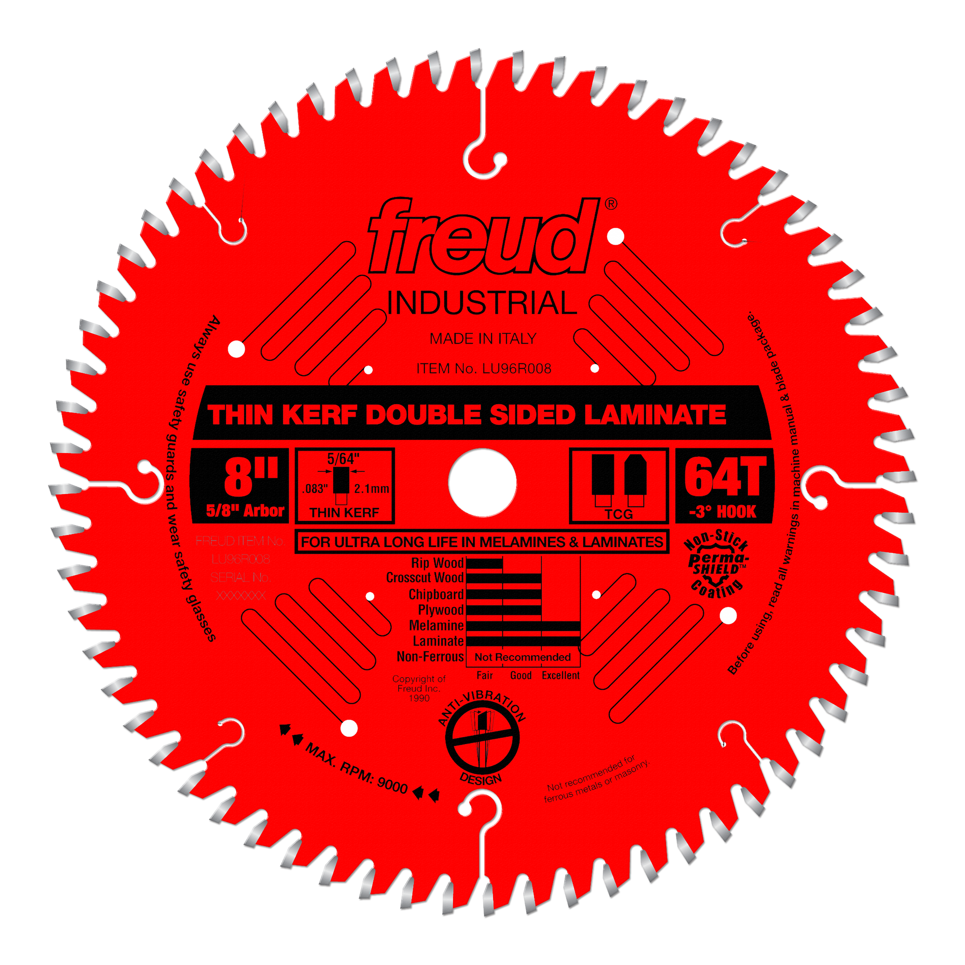 Freud 8-inch circular saw blade with 64 teeth, thin kerf design, silver-tipped teeth on red body with black center label.