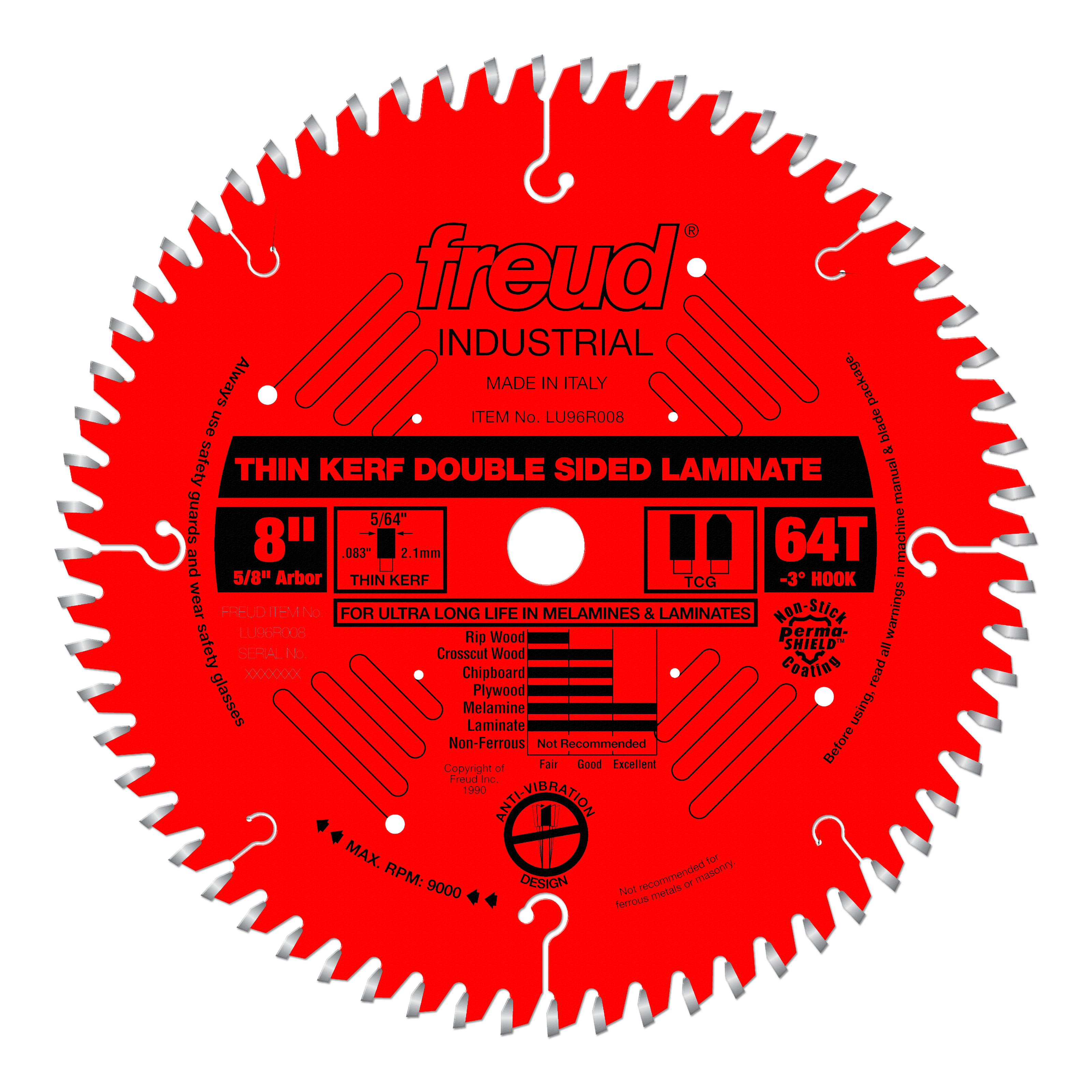 Freud 8-inch circular saw blade with 64 teeth, thin kerf design, silver-tipped teeth on red body with black center label.