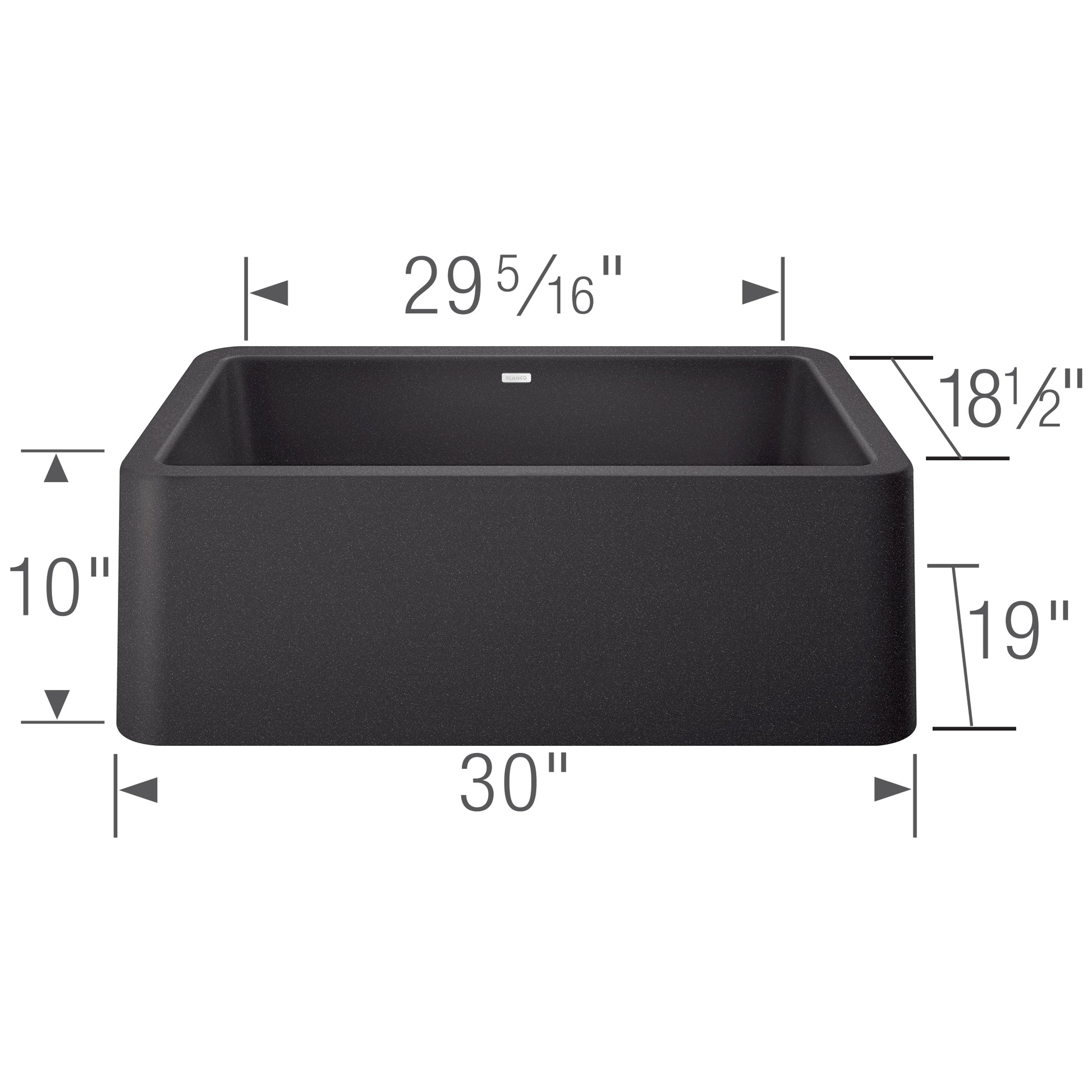 Anthracite apron front sink with rounded corners and dimensions labeled 30 inches wide by 19 inches deep.