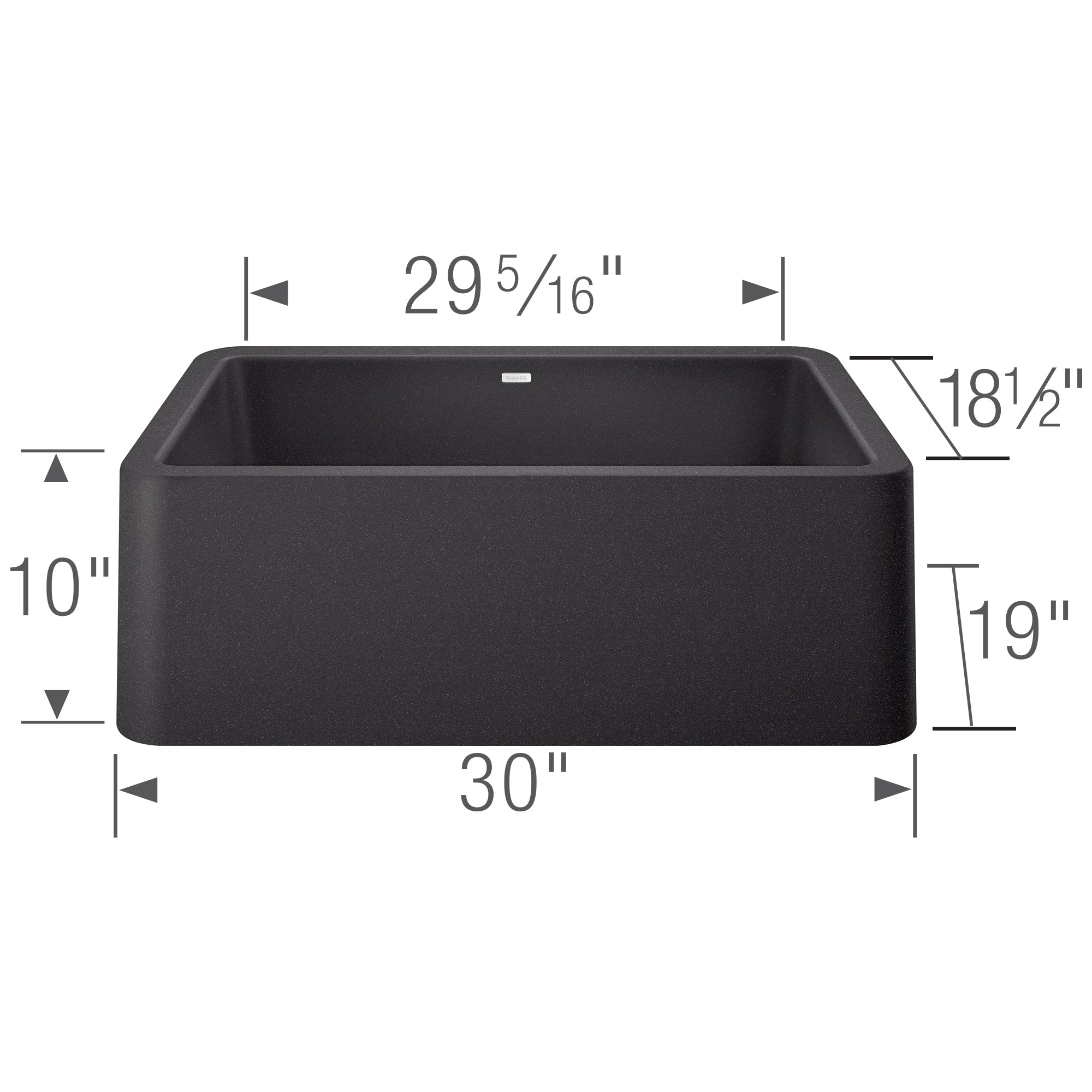 Anthracite apron front sink with rounded corners and dimensions labeled 30 inches wide by 19 inches deep.