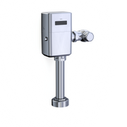 Toto touchless toilet flush valve with polished chrome finish, electronic sensor panel, and side-mounted control valve on ver