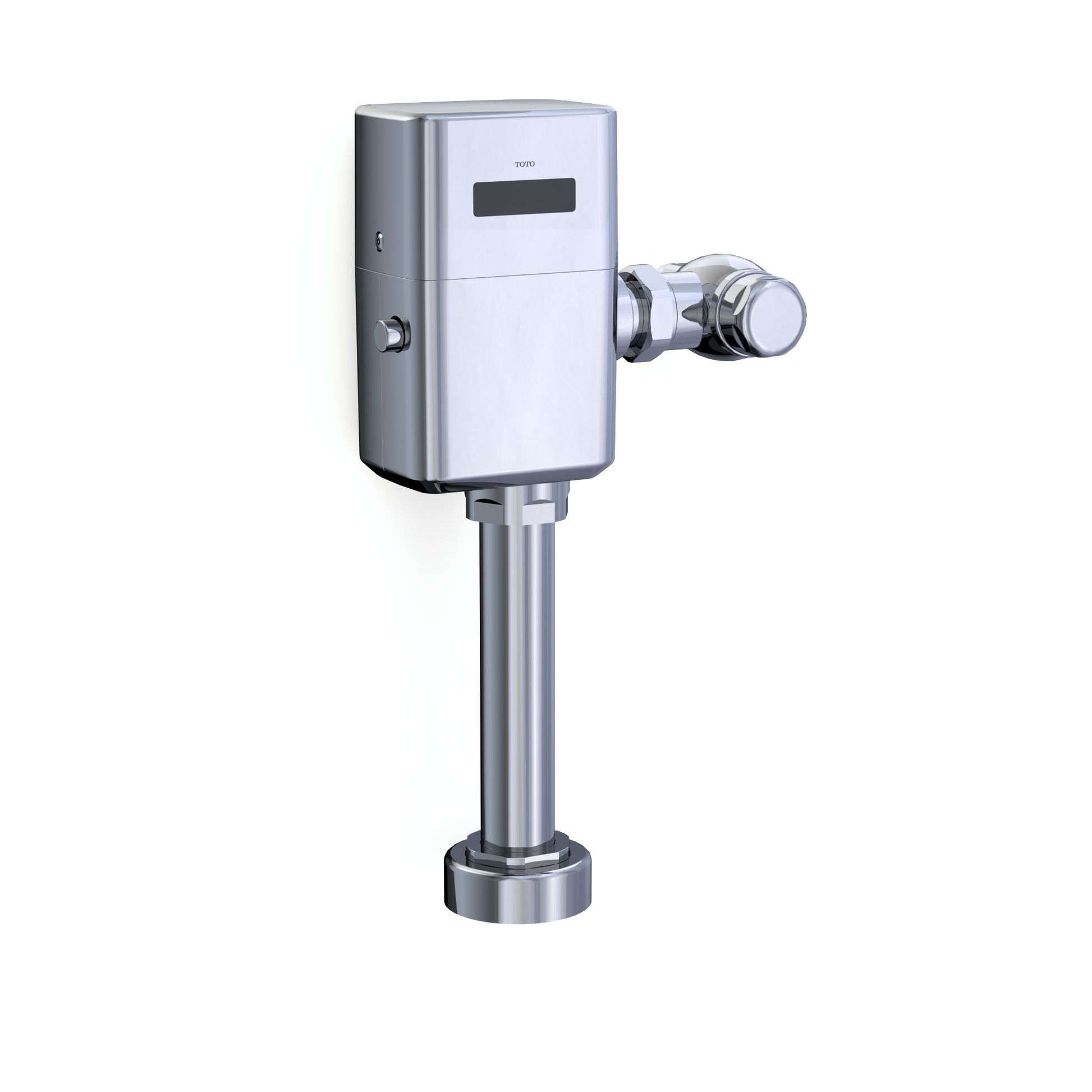 Toto touchless toilet flush valve with polished chrome finish, electronic sensor panel, and side-mounted control valve on ver
