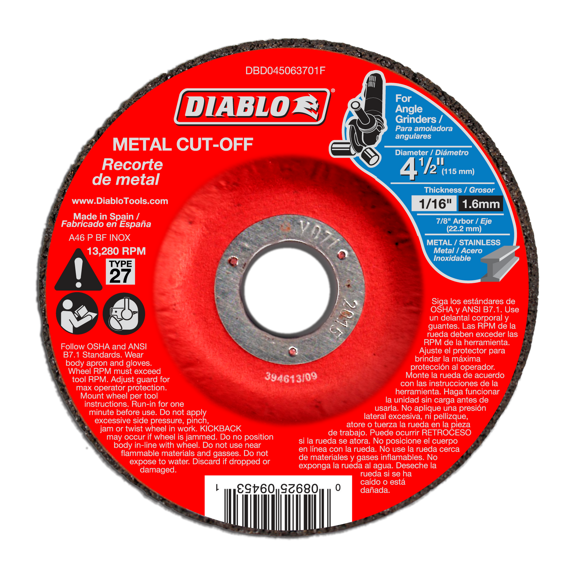 Diablo 4-1/2 inch metal cut-off disc with red label, gray cutting wheel, and center arbor hole.
