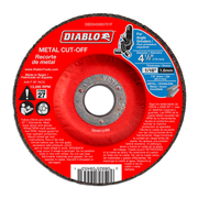 Diablo metal cut-off disc, 4-1/2 inch diameter, Type 27, with red label and abrasive black edge.