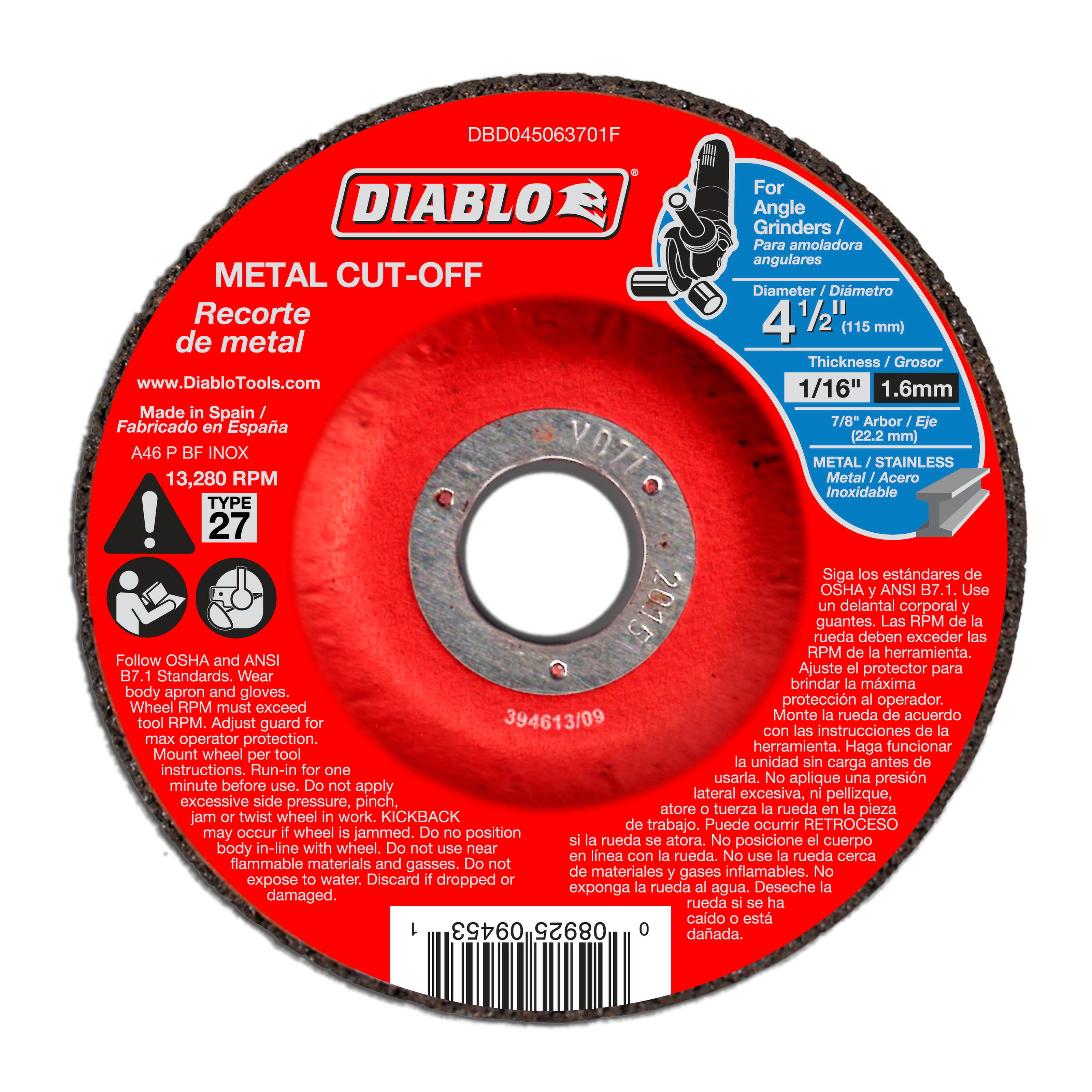 Diablo metal cut-off disc, 4-1/2 inch diameter, Type 27, with red label and abrasive black edge.