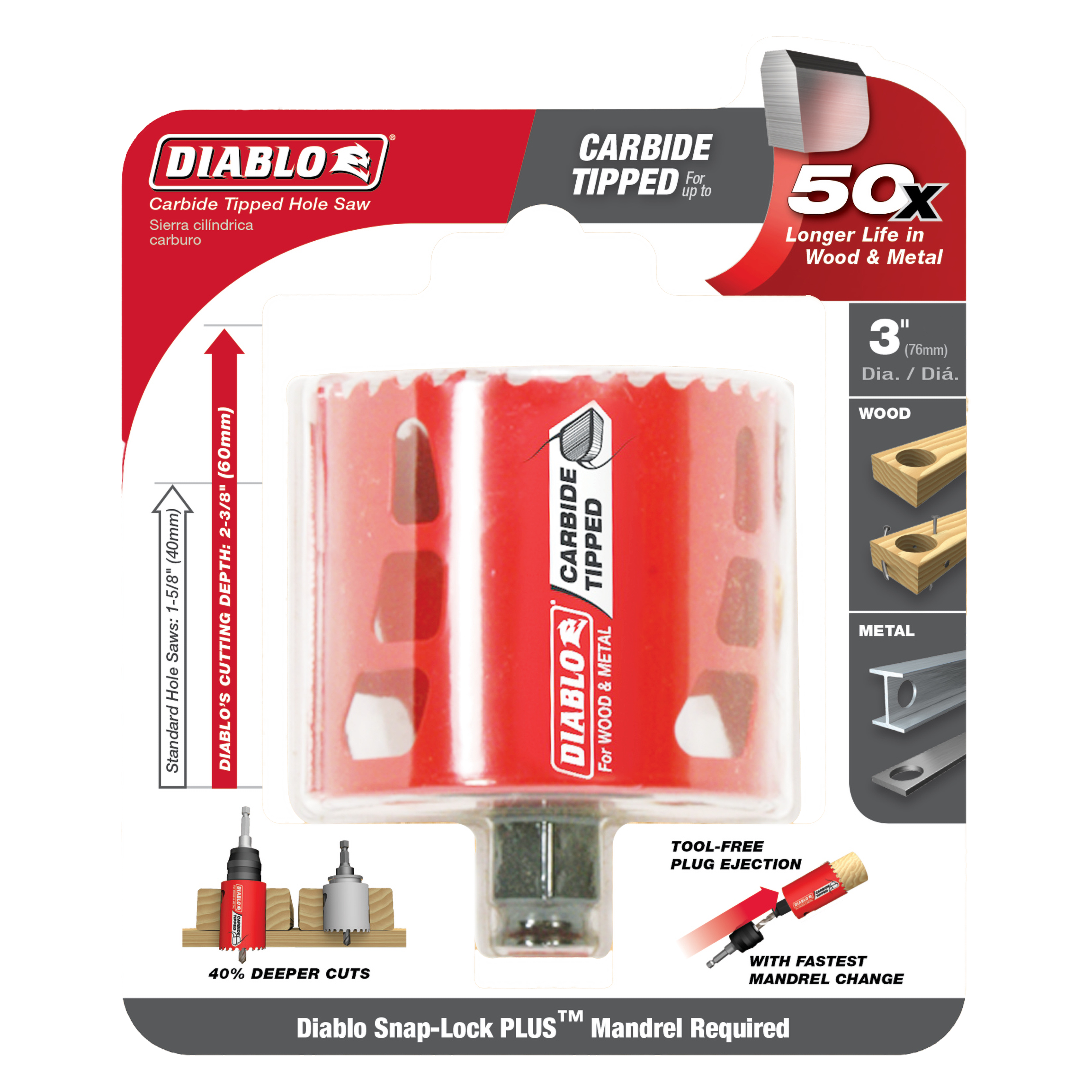 Diablo 3-inch carbide-tipped holesaw with red plastic housing, center bit, and metal arbor for wood and metal cutting.
