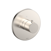 Brushed nickel round shower valve trim with cylindrical volume control handle and wall-mounted escutcheon plate.