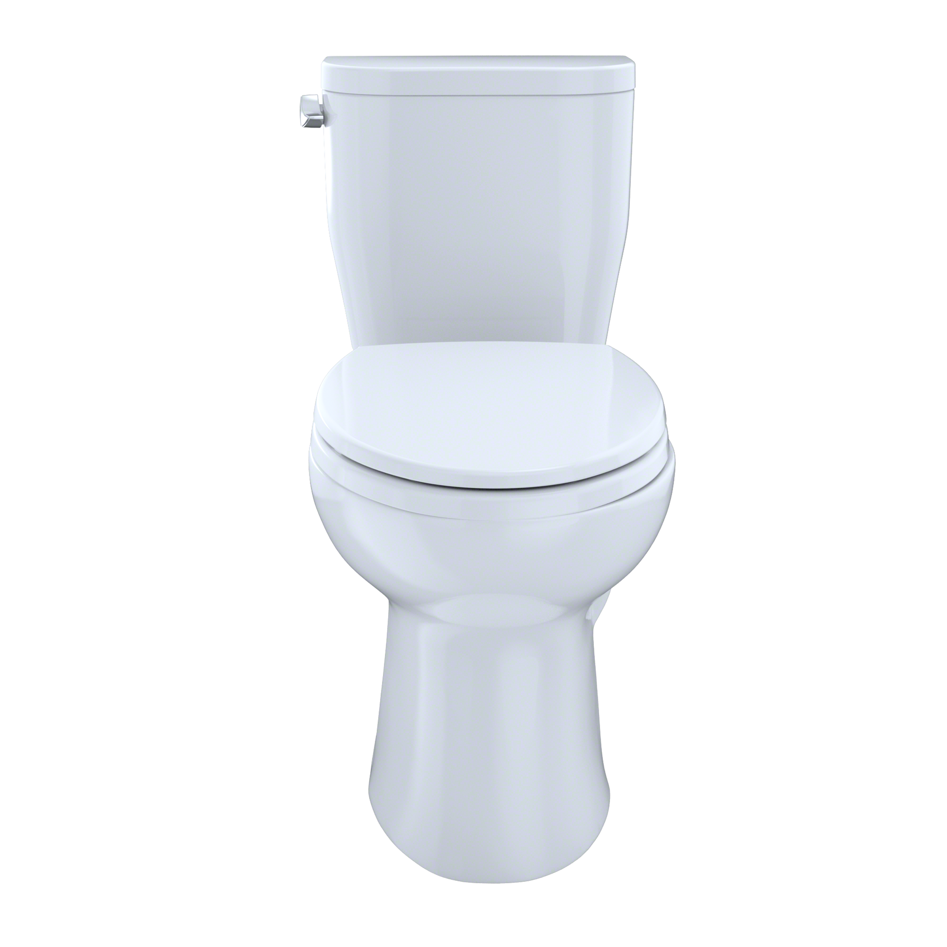 White two-piece elongated toilet with seat and tank, viewed from front angle.